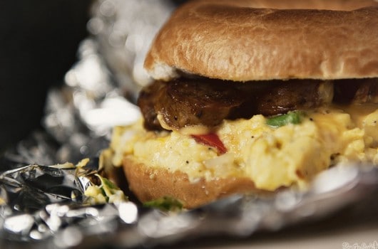 Sausage Egg and Cheese Breakfast Bagel from GirlCarnivore.com