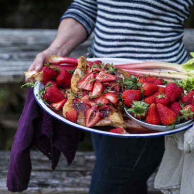 Cast Iron Roasted Chicken with Strawberry Rhubarb Balsamic Glaze is the perfect rustic recipe for sharing moments with friends and family.