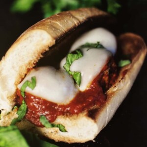 Turkey meatball hoagie with sauce.