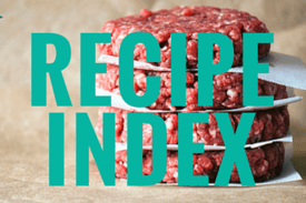 A stack of meat burgers with the words recipe index.