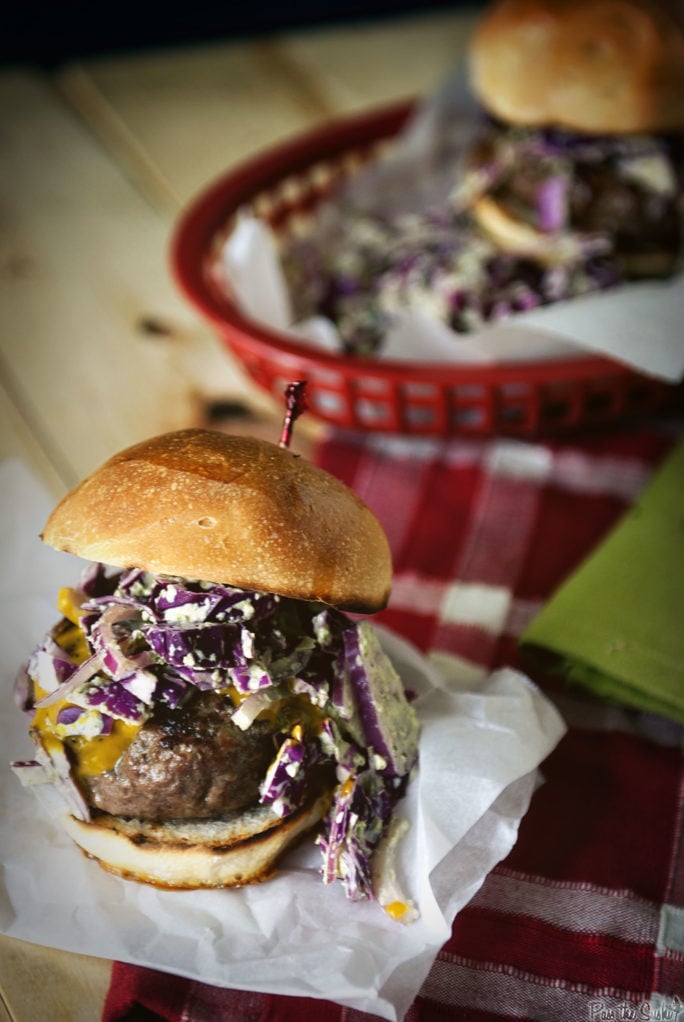 Carolina Burgers with Mustard BBQ Sauce and Green Onion Slaw | Kita Roberts GirlCarnivore.com