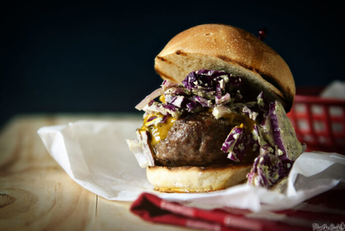 This Carolina Burger is oozing with Mustard BBQ sauce and just waiting for you to take that first bite! 