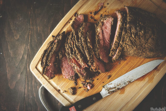 Delicious sliced homemade pastrami made with corned beef