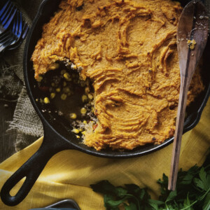 Sweet potato casserole with a twist cooked in a cast iron skillet