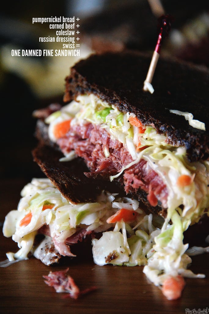 Corned beef sandwich with thick laters of corned beef. 