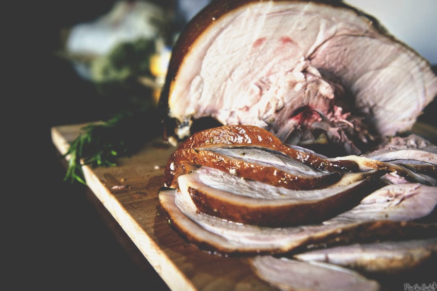 Side view of a ham sliced for eating after curing and smoking! 