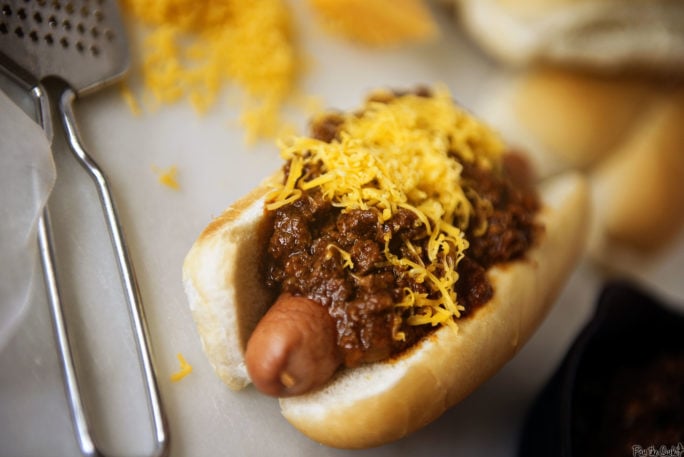 Chili Cheese Dog with Spicy Southwest Hot Dog Chili | Kita Roberts GirlCarnivore.com