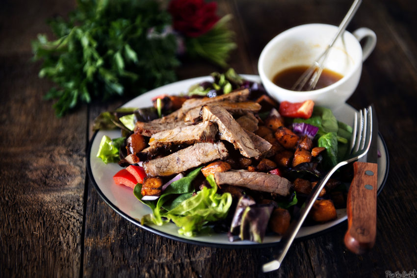 Grilled Steak Strips and Sweet Potatoes, all over a Salad. And with a killer Chile-Lime dressing.