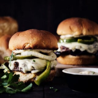 Philly Cheesesteak Burger Recipe with Roasted Garlic Aioli | Kita Roberts GirlCarnivore.com