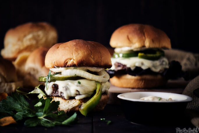 philly cheesesteak burger recipe with roasted garlic aioli #burgermonth