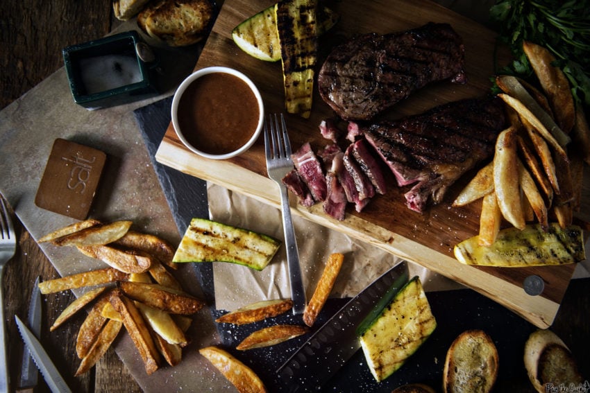 Char-Grilled Steak, grilled zucchini and summer squash, thick fries, this a meal for real eating!