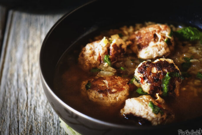 Gingered chicken meatball soup with brown rice and basil