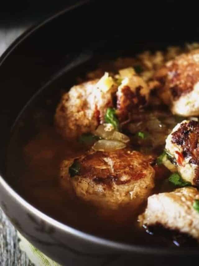 Gingered Chicken Meatball Soup with Brown Rice and Basil Story