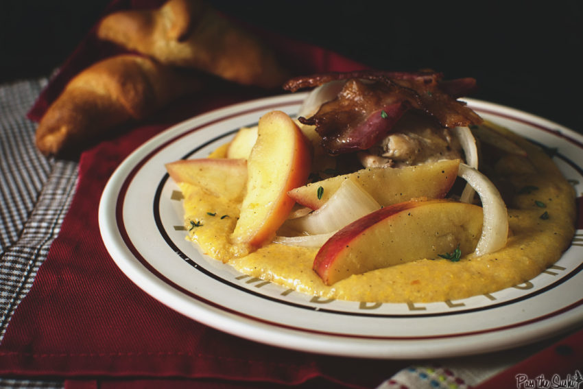 Chicken, Polenta, onions, apples and bacon are just loaded onto this plate!