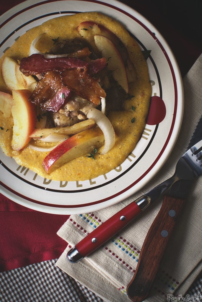 Chicken Thighs with Apples & Onions  and bacon over Cheddar Polenta. So good!