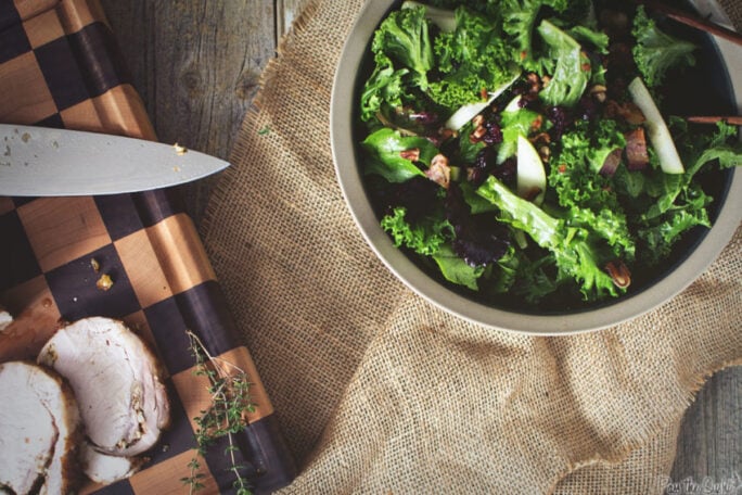 Don't let the knife and beautiful pork loin in the corner distract you. This is all about that leafy green salad. Piles of Kale and oh yeah, bacon. Lots and lots of bacon.