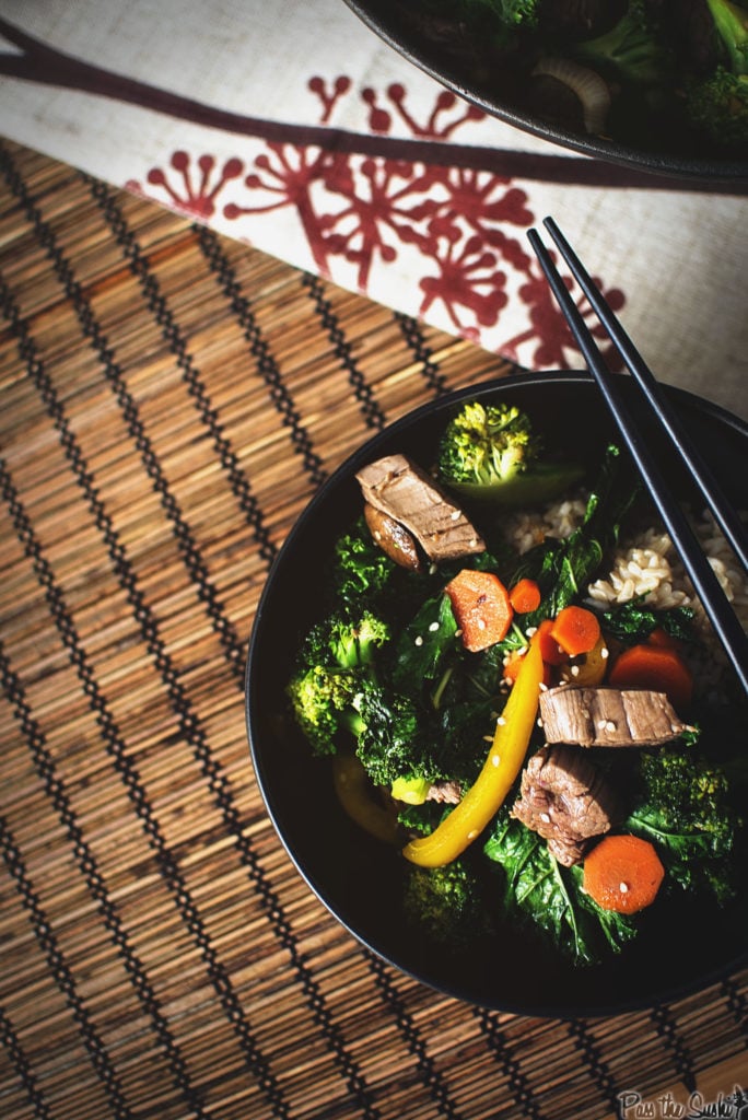 Thick chunks of Steak,  Broccoli florets, carrots and peppers round out this bowl. Chop sticks optional.