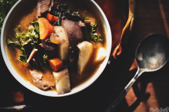 Look goodness is loaded into this bowl! Beef, parsnips, potatoes, carrots, kale, the list goes on. You could eat this beef stew with a fork.