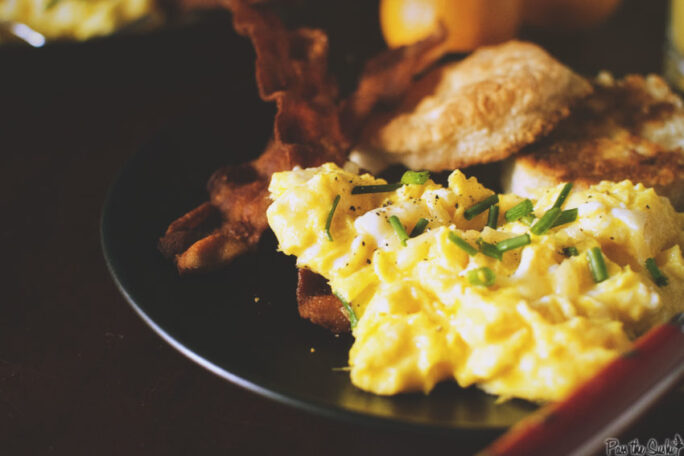 Fluffy Scrambled Eggs, Bacon and biscuits. Perfect breakfast.