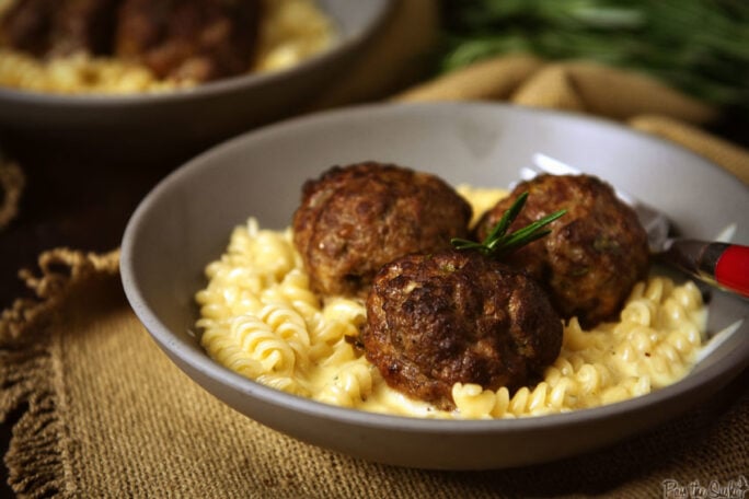 Rosemary-Smoked Meatballs over pasta. Yeah, not low fat. and I don't care a bit.