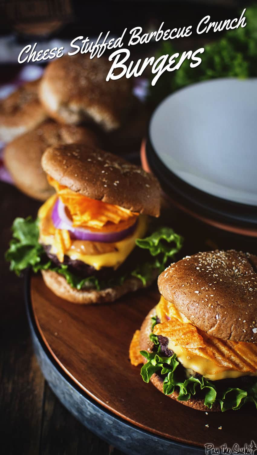 Cheese Stuffed Barbecue Crunch Burgers | GirlCarnivore.com 