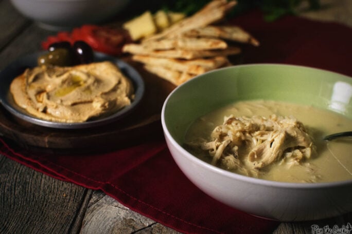 Lemon Soup served with hummus olives and pita. Yeah, that's some Mediterranean magic.