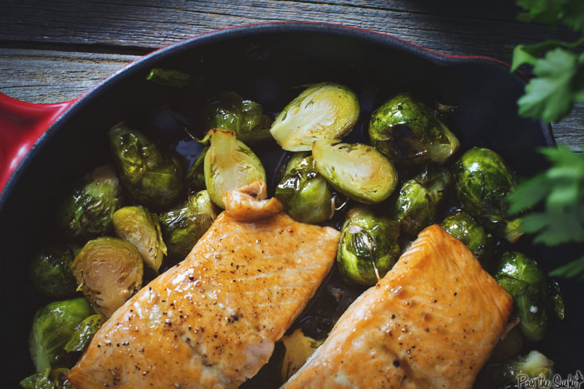 Salmon and Brussels sprouts in a skillet. This is going to be good!