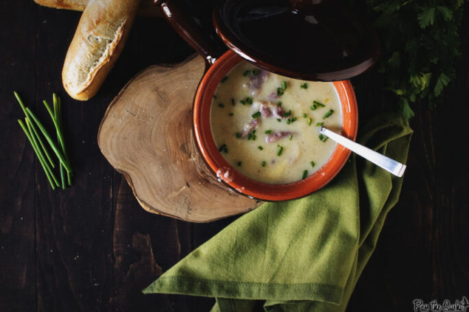 Cheesy Cauliflower and Ham Soup with a sprinkle of chives. So Good! 