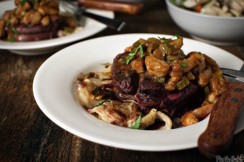 This plump filet is stuffed with etouffee, and topped with even more! This is totally decadent. 