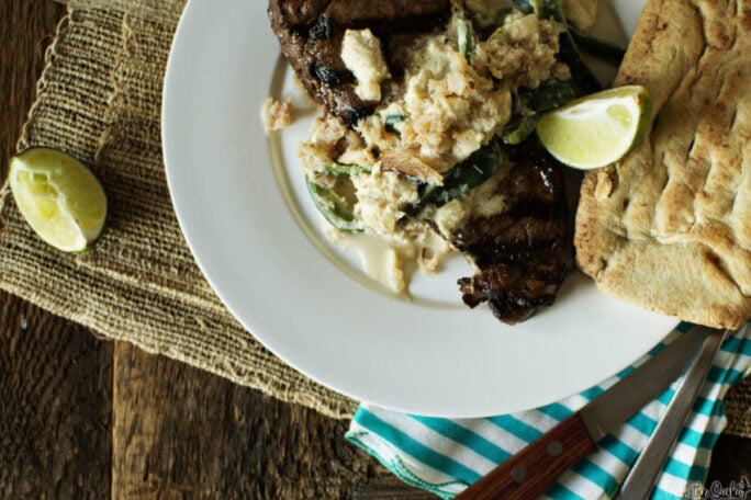 This Steak is topped with a pile of crab meat and poblanos. Perfect for when you want some color, but don't want to waste your plate on side dishes!