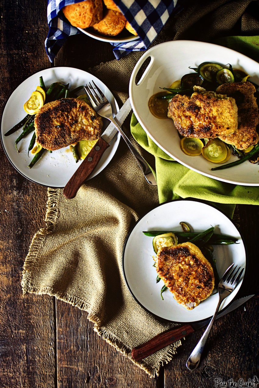 Can you look at this and not be inspired? A feast of pork chops laid out over green beans and summer squash, a basket of corn muffins, if you aren't down with this, I don't think we can be friends.