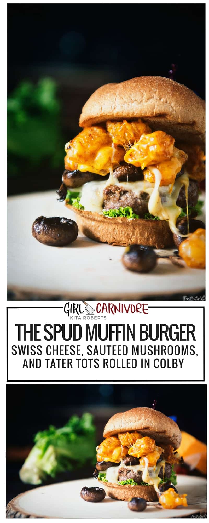 The Spud Muffin Burger - a combo of swiss and colby with mushrooms and tots atop a all beef burger!