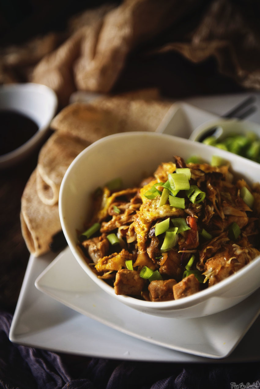 Moo Shu Pork in a white bowl. Don't let it get lonely.