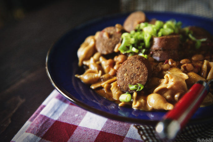 Smoked Sausage chunks fill this bowl with goodness. And the mac and cheese is just a bonus!