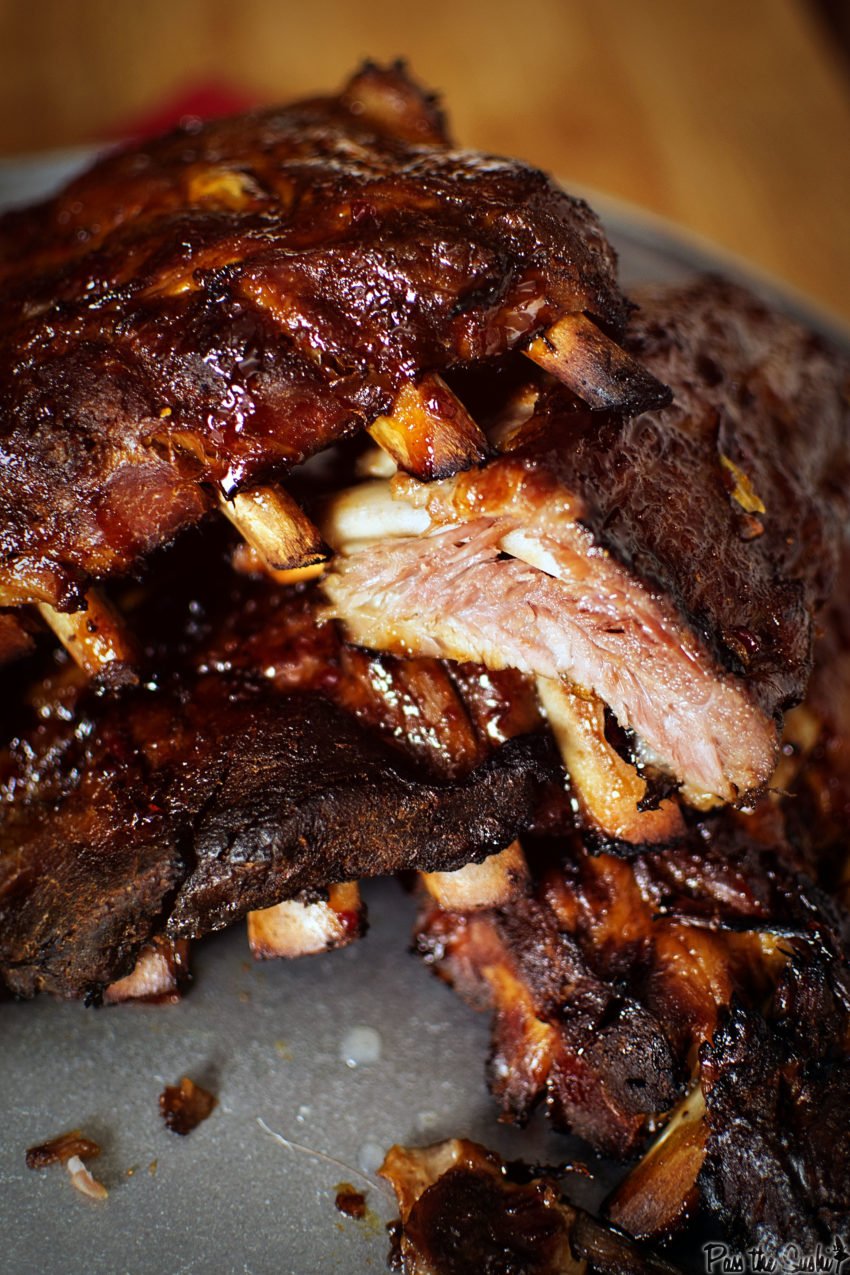 Stack of slow cooker pork ribs, finished with bbq glaze 