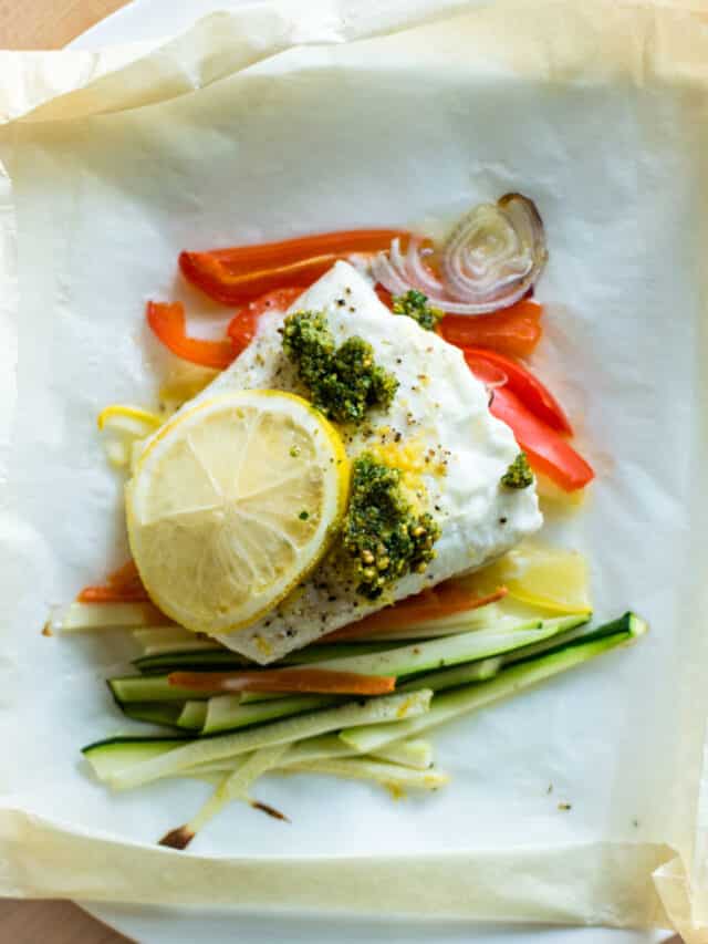 Halibut Baked in Parchment with Pistachio Mint Pesto Recipe Story