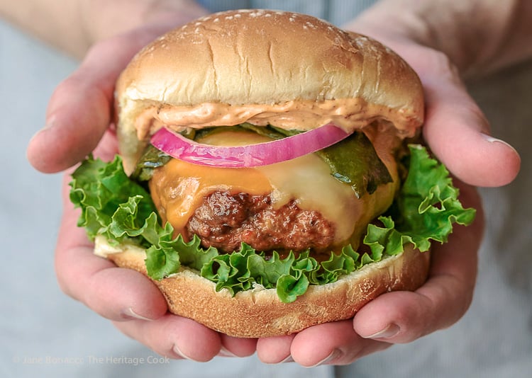 The Heritage Cook Outrageous Chorizo Poblano Cheeseburgers for Burger Month (Gluten-Free)
