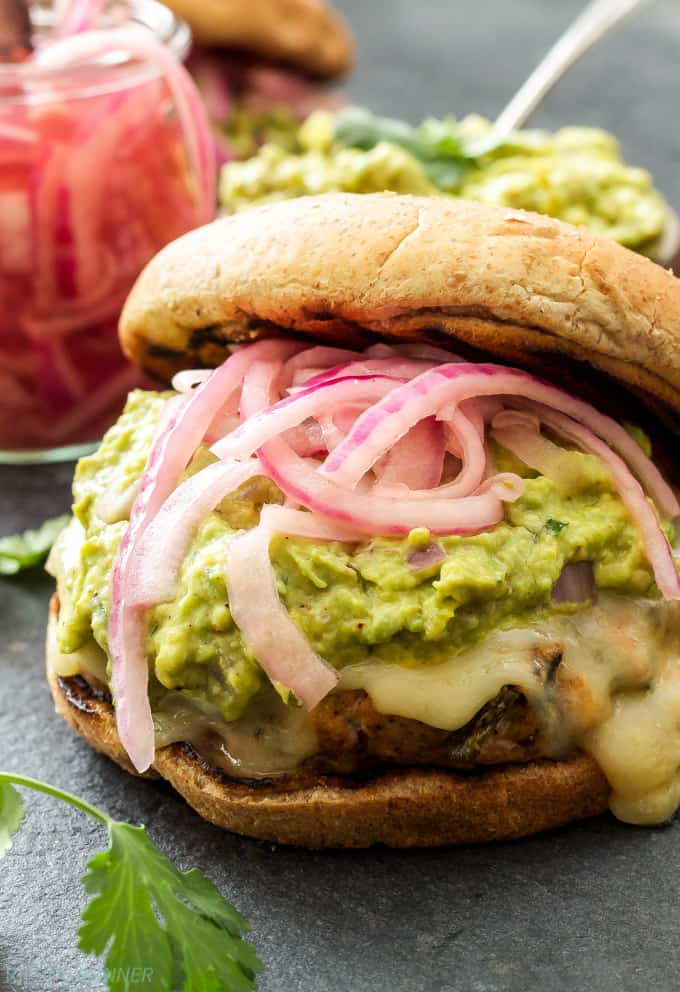 Recipe Runner GREEN CHILE TURKEY BURGERS WITH GUACAMOLE AND PICKLED RED ONIONS