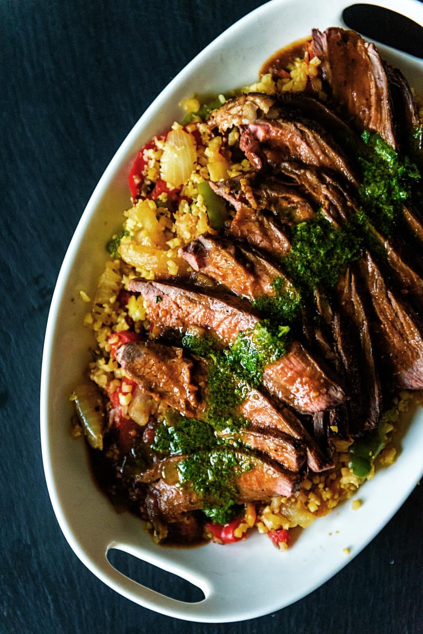 Grilled Flank Steak with fresh Chimichurri over Saffron Cauliflower