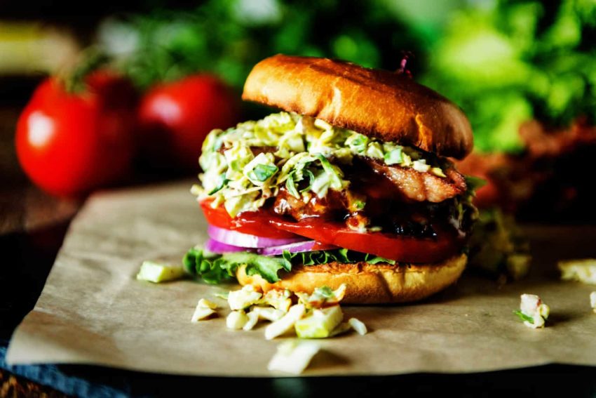 Bison Burger with Maple Brussels Sprouts Slaw for #BurgerMonth on GirlCarnivore