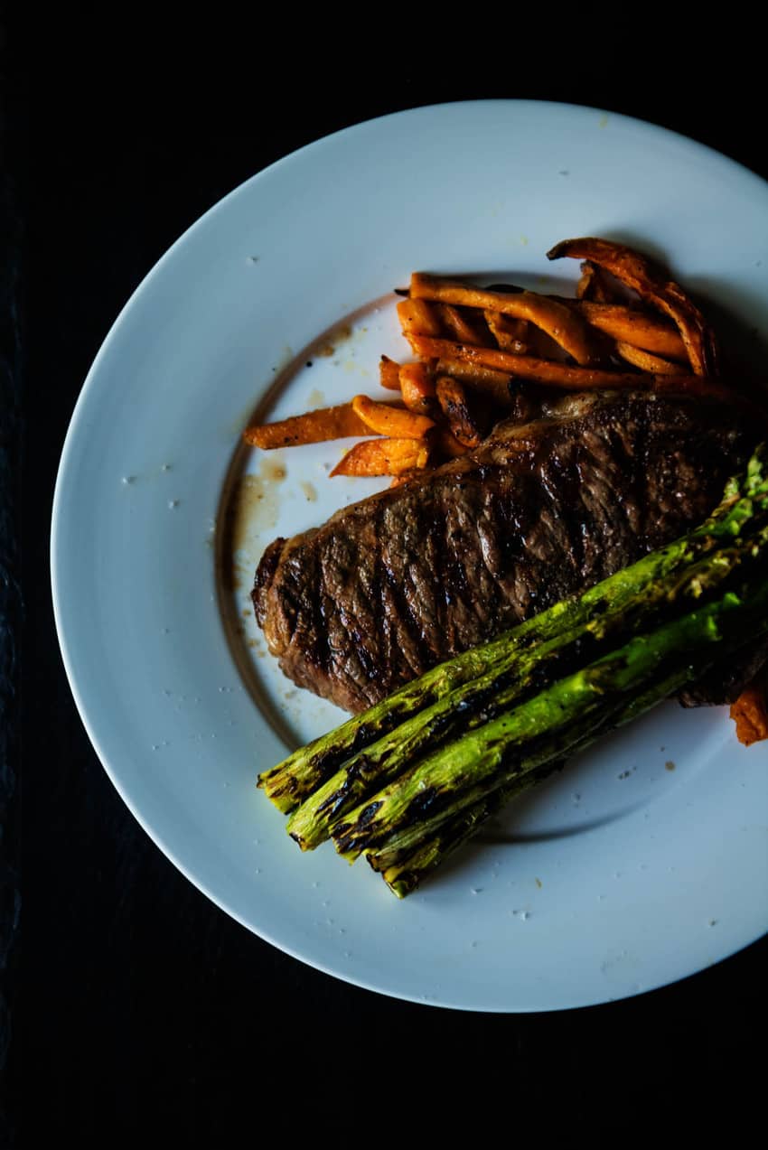 Grilled Steak, Asparagus and sweet potato fries grilled on a Char-Broil grill