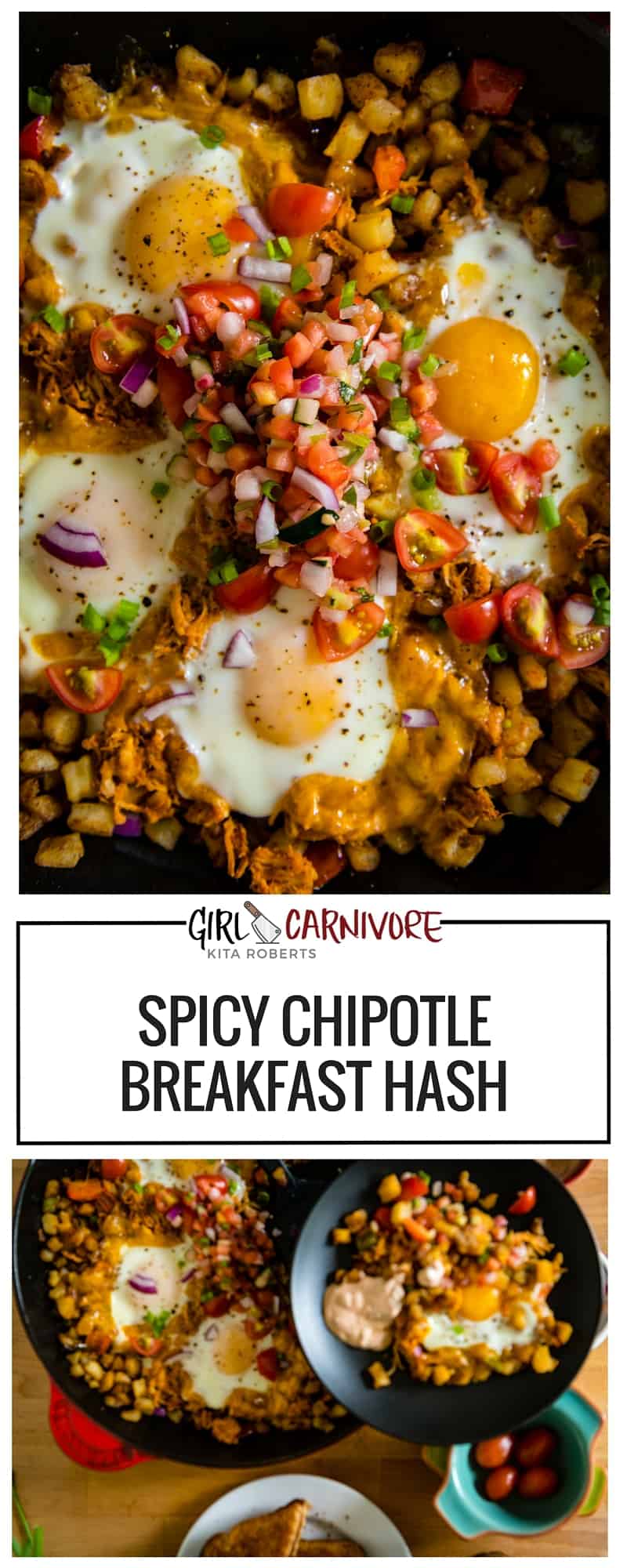 Spicy Chipotle Breakfast Hash Browns - A great way to use up leftovers and make an epic breakfast for the family! This one uses just a few russet potatoes and fresh eggs for a quick delicious meal - perfect for weekend brunching. 