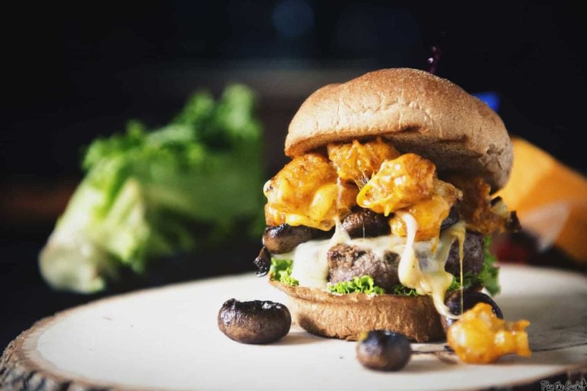 There is an avalanche of tater tots and mushrooms cascading off of this plump all beef patty. This burger is no joke y'all.