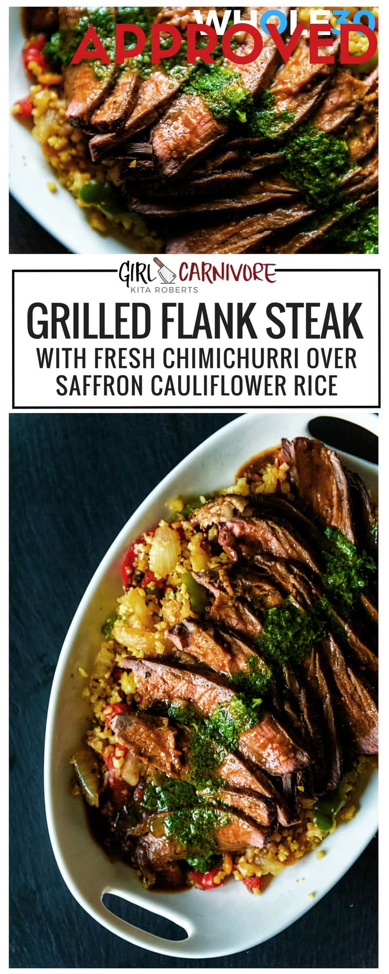 Grilled Flank Steak with fresh Chimichurri over Saffron Cauliflower Rice