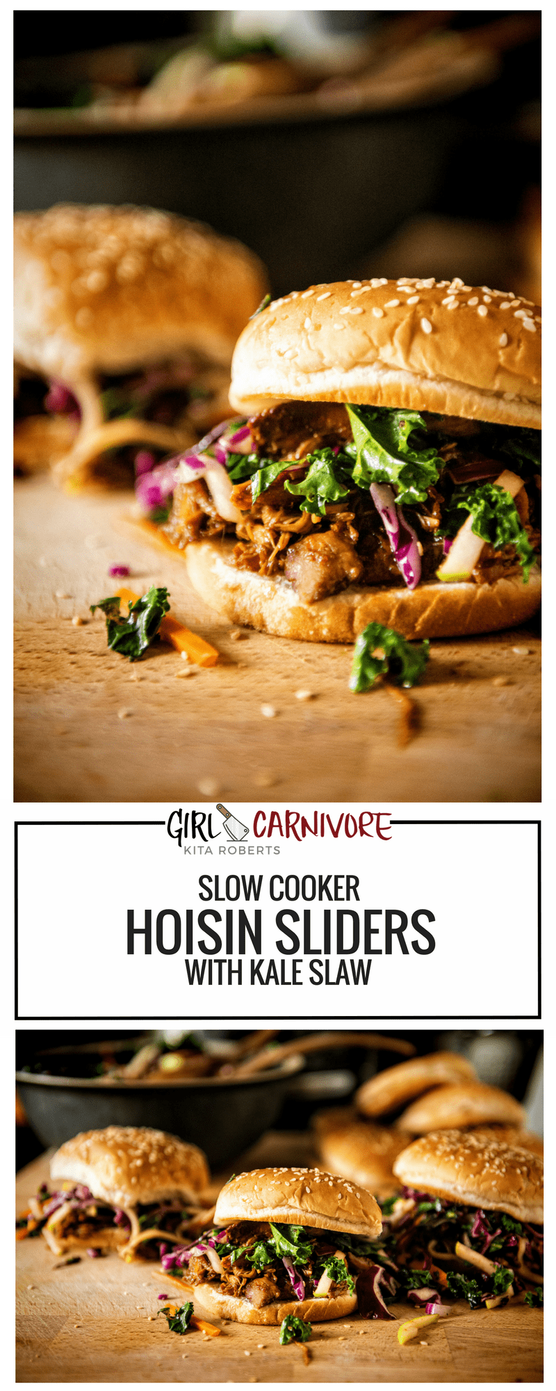 Slow Cooker Hoisin Sliders with Kale Slaw | Easy meal prep with fork tender pork in the slow cooker and a quick apple kale slaw for the perfect recipe for foodball or fast weeknight meal