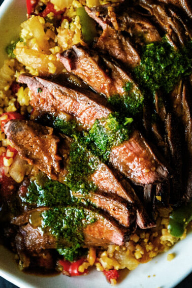 Grilled Flank Steak with fresh Chimichurri over Saffron Cauliflower Rice | Kita Roberts GirlCarnivore.com