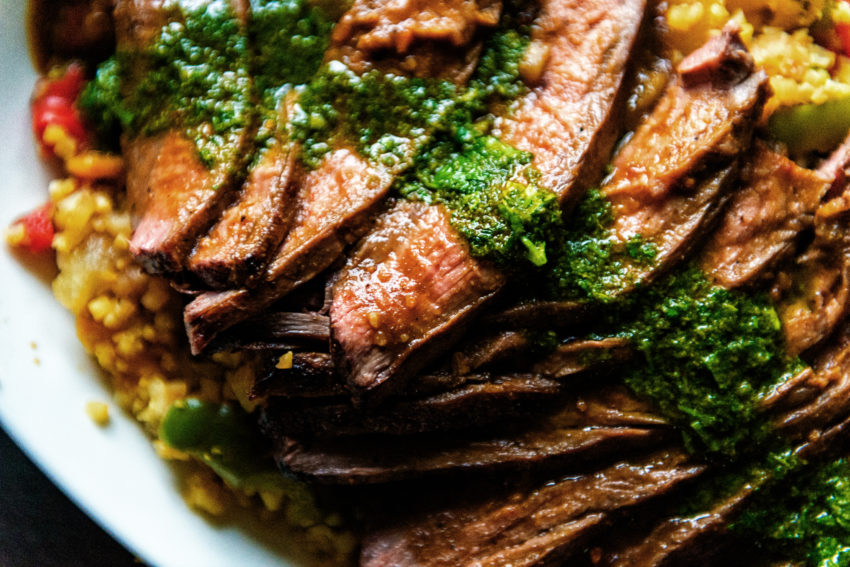 Grilled Flank Steak with fresh Chimichurri over Saffron Cauliflower Rice | Kita Roberts GirlCarnivore.com