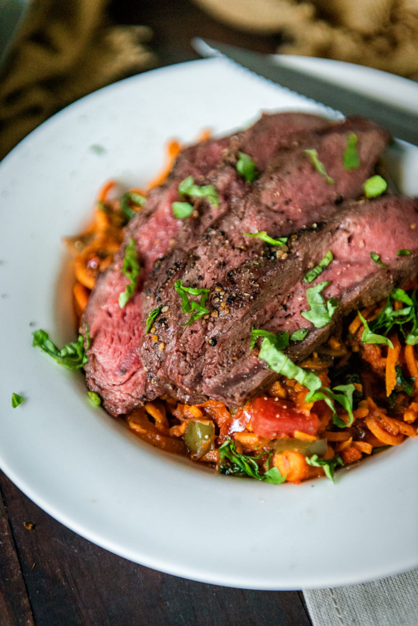 Close up of sliced flat iron steak garnished with salt, pepper, and minced parsley. 