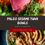 Crazy delicious whole 30 tuna steaks over a power bowl loaded with stir fry veggies and a spicy mayo