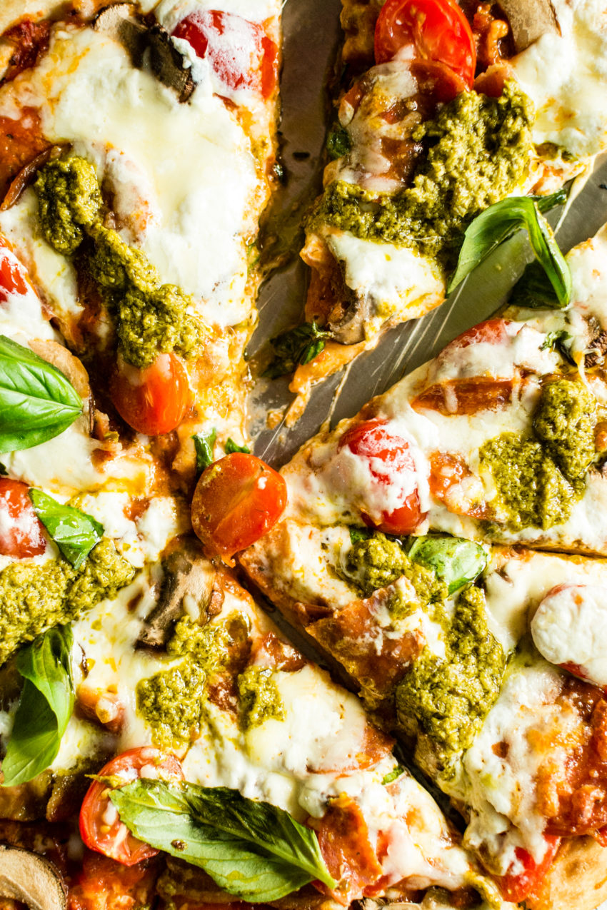 Grilled Bacon Pesto Pizza with fresh Burrata | Kita Roberts GirlCarnivore.com